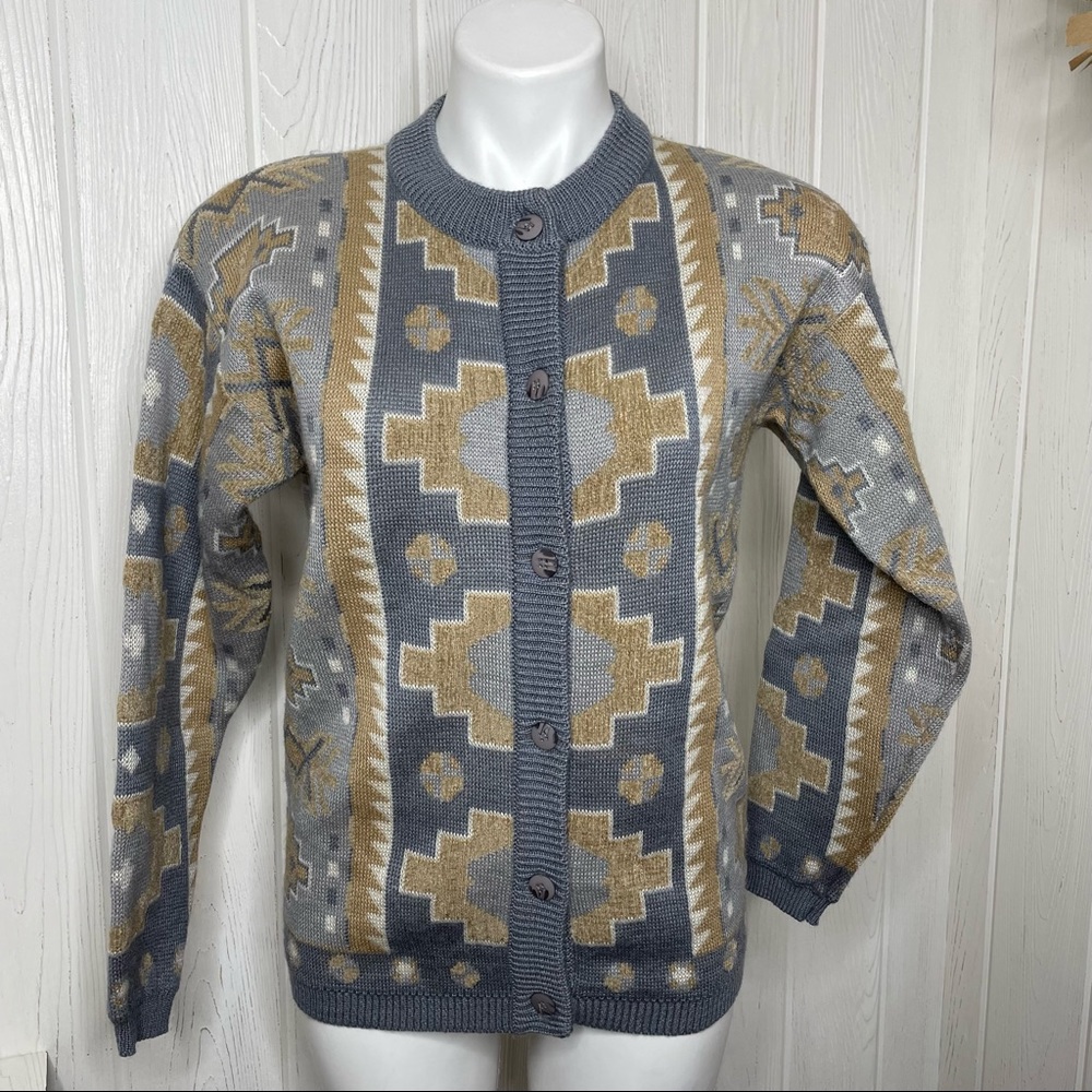 Vintage Weathervane Aztec Cardigan Sweater Small 1990’s Gray Tan White Wool